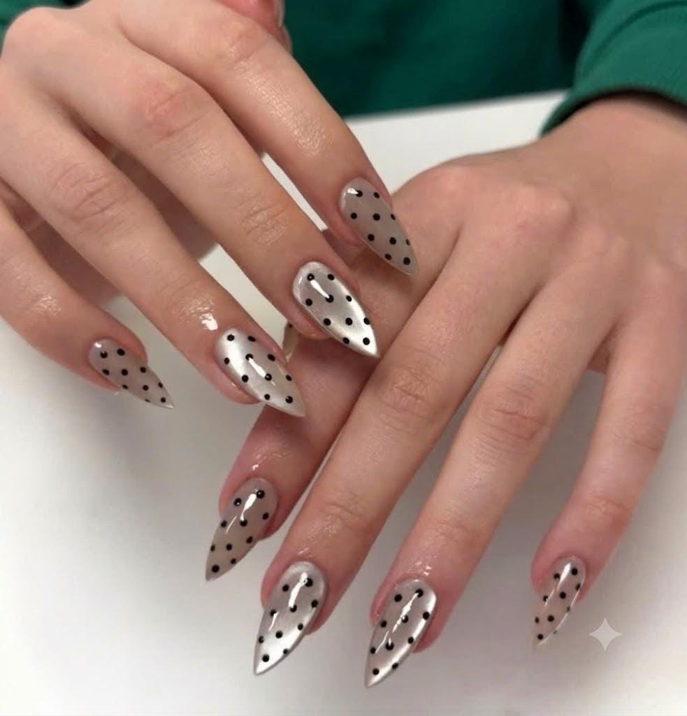 Black Polka Dot Press-On Nails – Cat Eye Long Almond – Minimalist