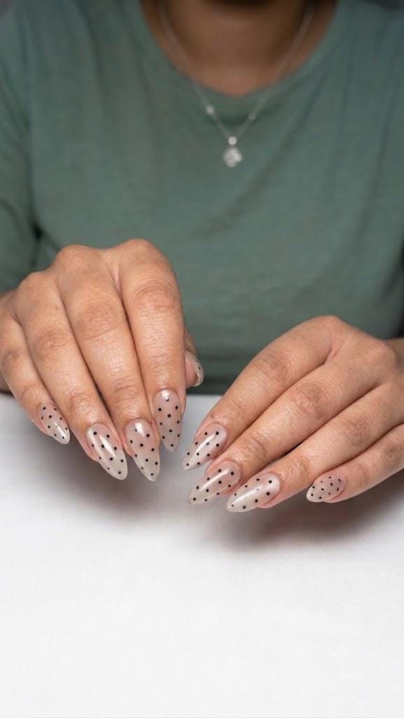 Black Polka Dot Press-On Nails – Cat Eye Long Almond – Minimalist