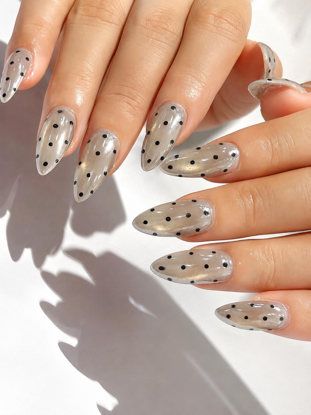 Black Polka Dot Press-On Nails – Cat Eye Long Almond – Minimalist