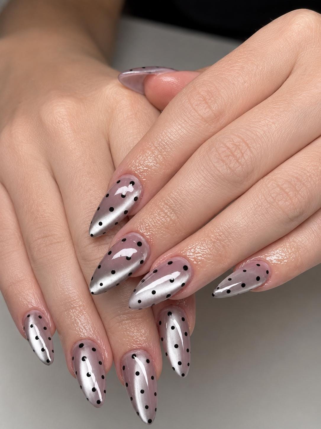 Black Polka Dot Press-On Nails – Cat Eye Long Almond – Minimalist