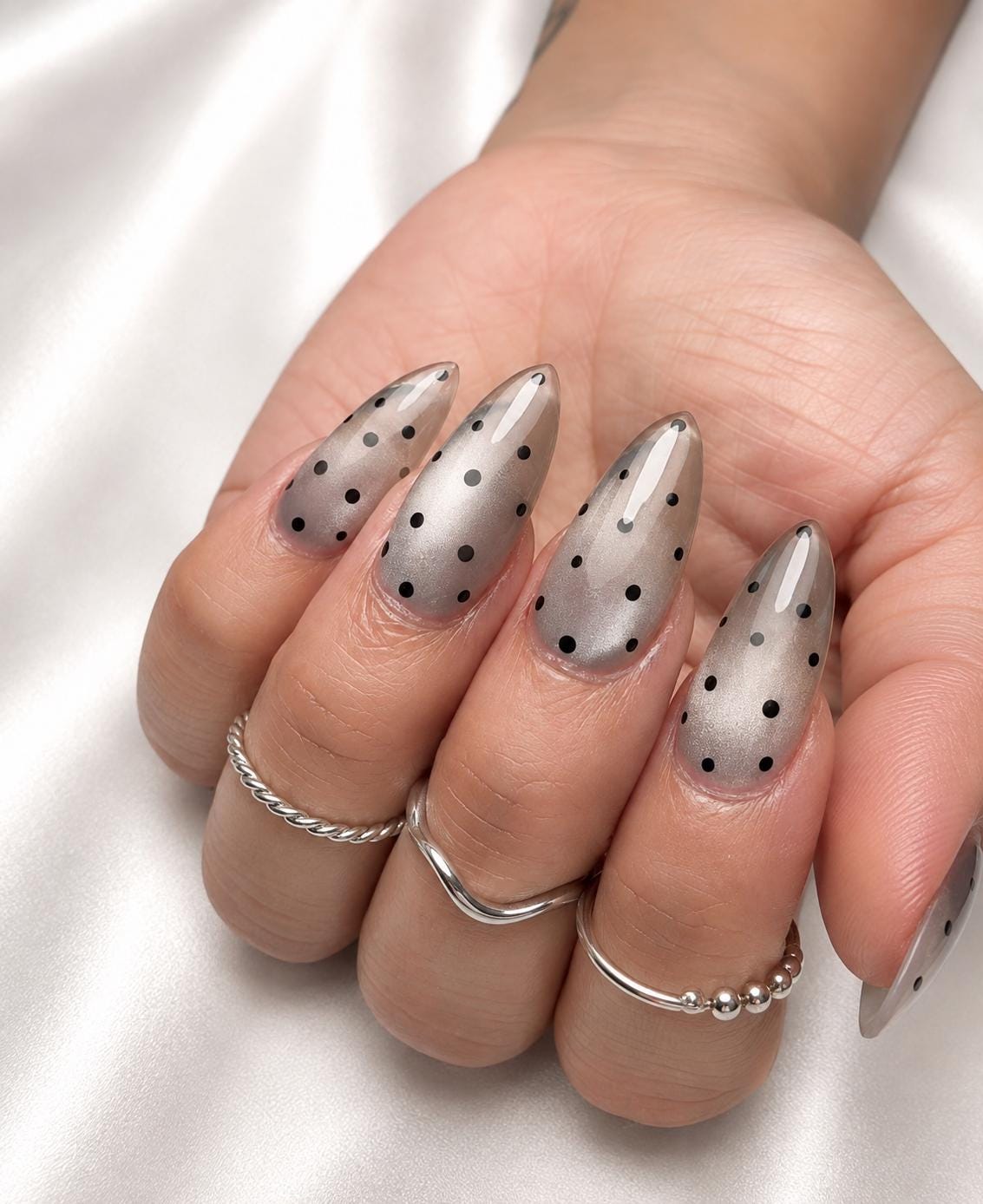 Black Polka Dot Press-On Nails – Cat Eye Long Almond – Minimalist