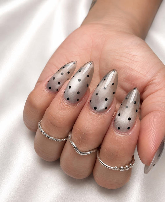 Black Polka Dot Press-On Nails – Cat Eye Long Almond – Minimalist
