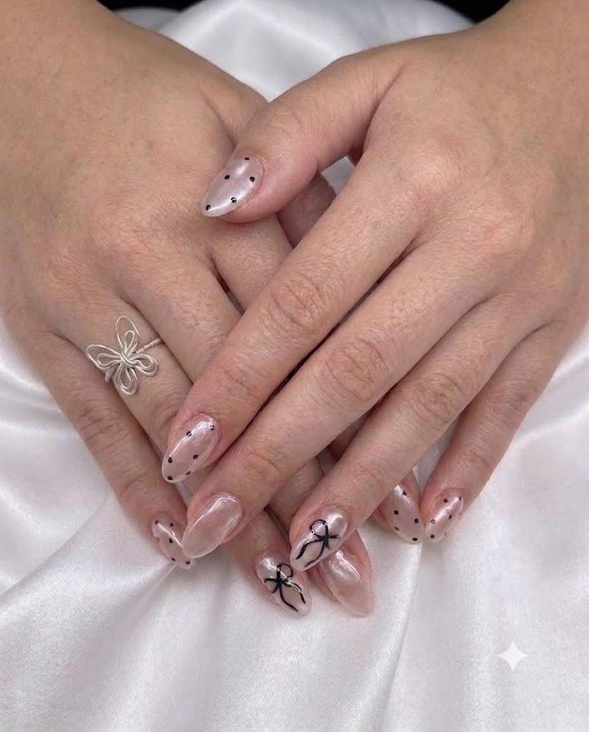 Pink Cat Eye Press-On Nails – Black Bow & Polka Dot – Almond