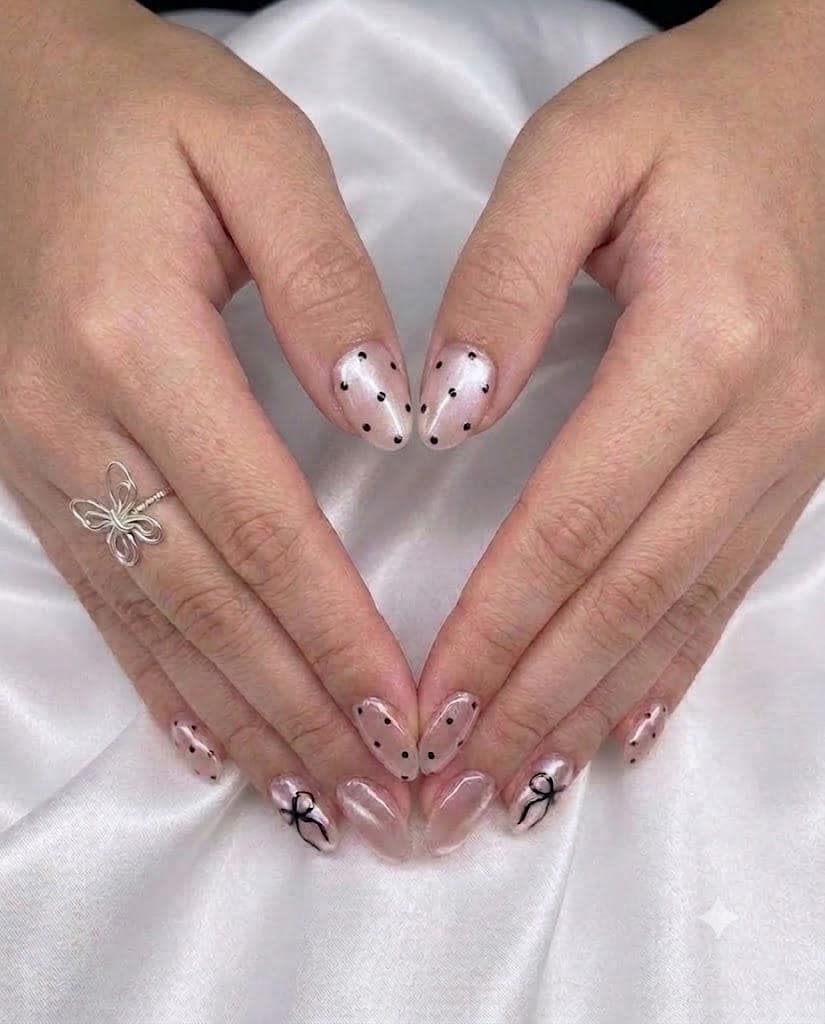 Pink Cat Eye Press-On Nails – Black Bow & Polka Dot – Almond