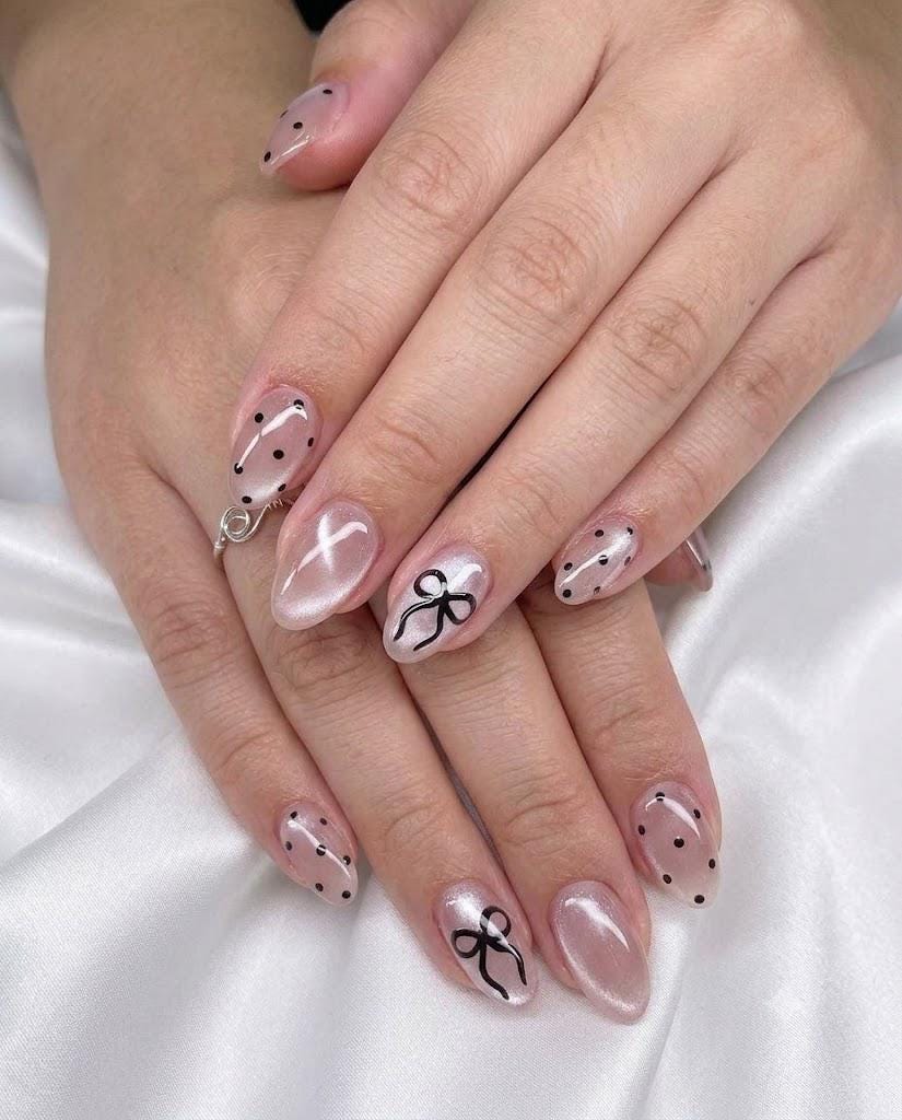 Pink Cat Eye Press-On Nails – Black Bow & Polka Dot – Almond