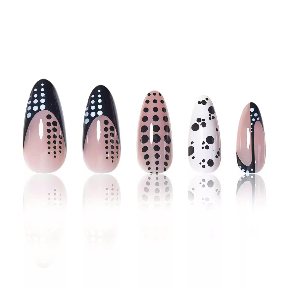 Black & White Polka Dot Press-On Nails – Almond Abstract – Retro Nude