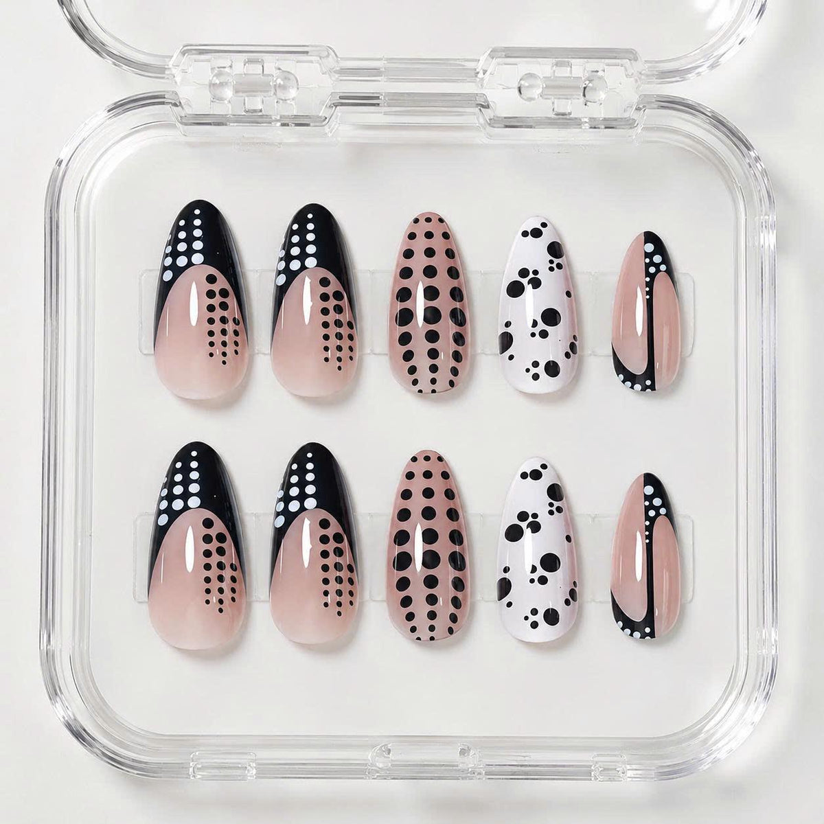 Black & White Polka Dot Press-On Nails – Almond Abstract – Retro Nude