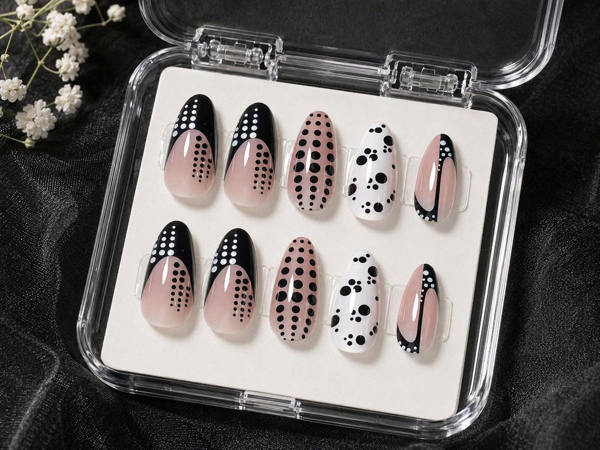 Black & White Polka Dot Press-On Nails – Almond Abstract – Retro Nude