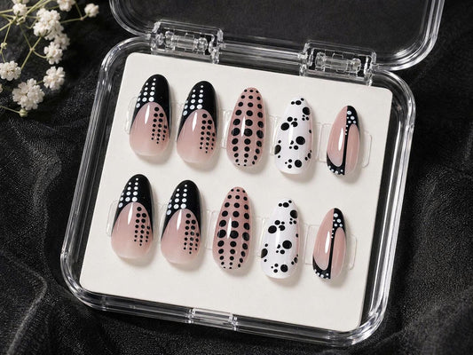 Black & White Polka Dot Press-On Nails – Almond Abstract – Retro Nude