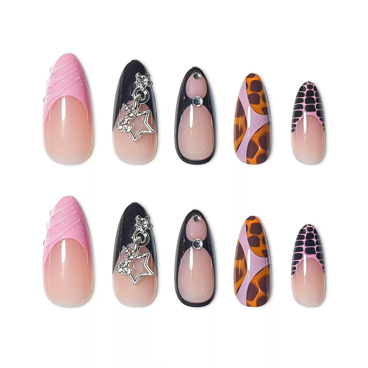 Pink & Black Press-On Nails – Tortoise Shell French Tip – Star Charm