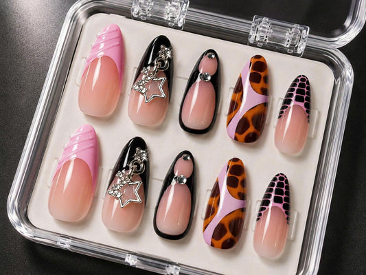 Pink & Black Press-On Nails – Tortoise Shell French Tip – Star Charm