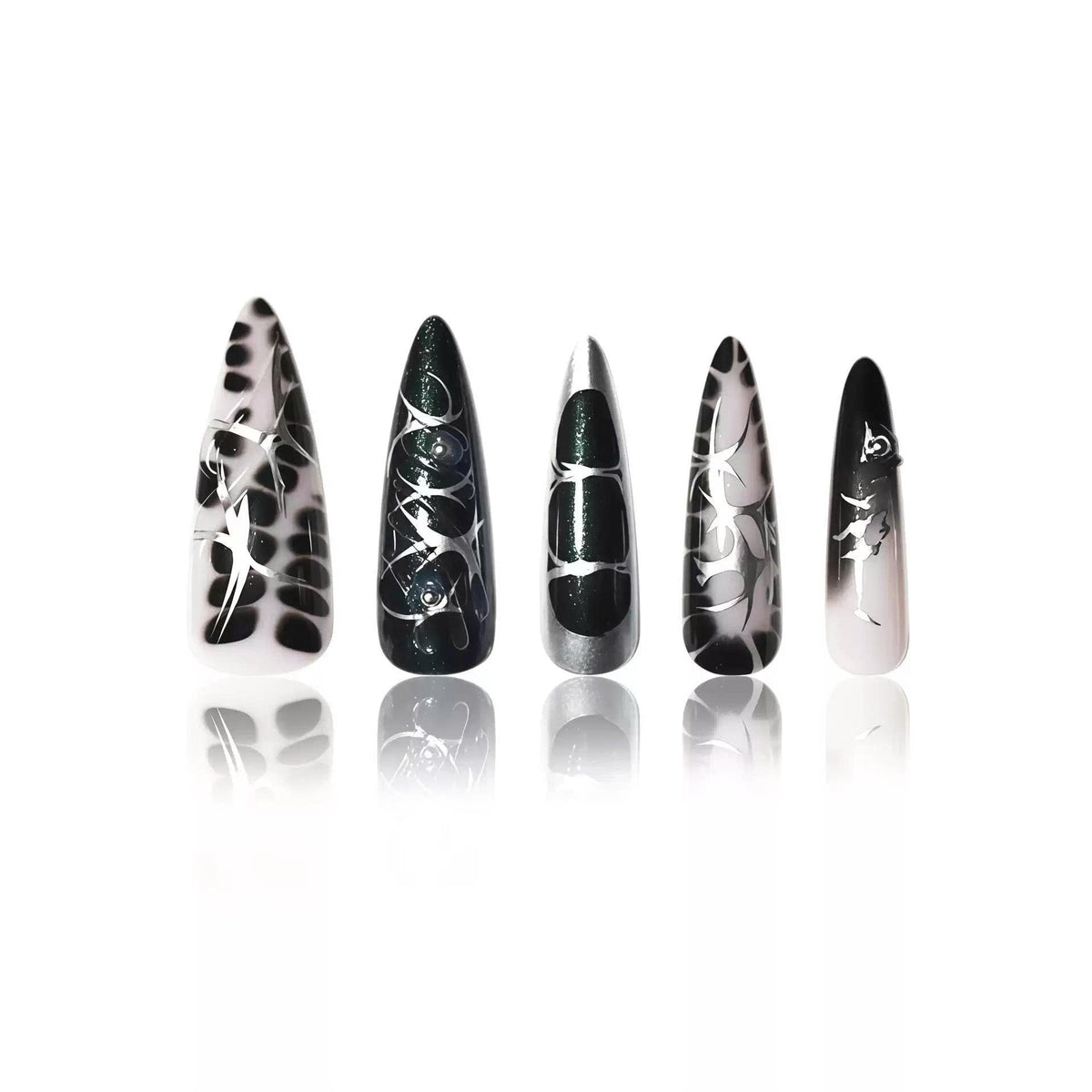 Y2K Metallic Black & Silver Press-On Nails – Long Stiletto – Glue On