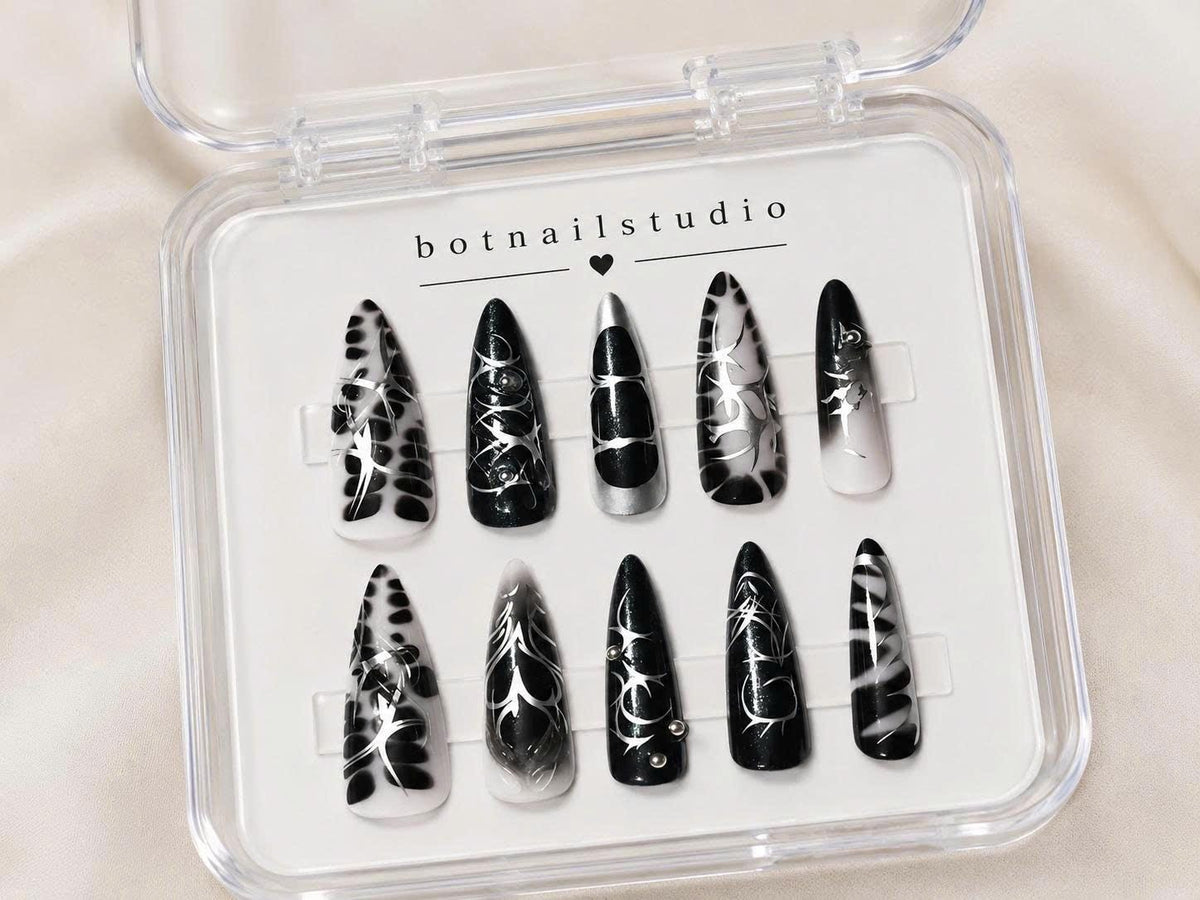 Y2K Metallic Black & Silver Press-On Nails – Long Stiletto – Glue On