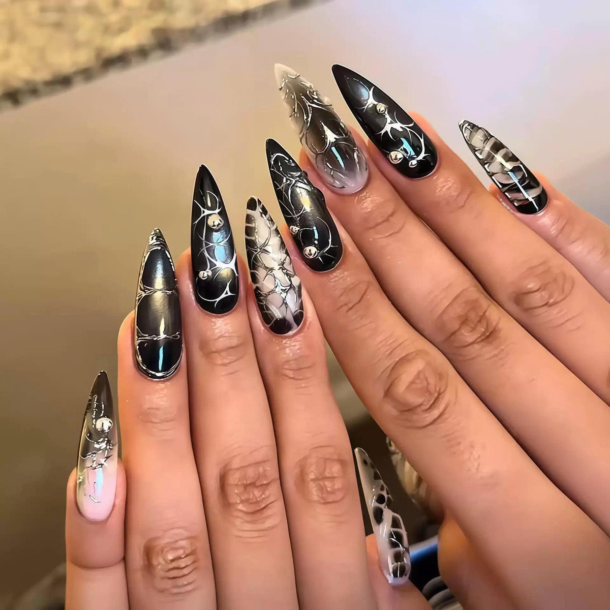 Y2K Metallic Black & Silver Press-On Nails – Long Stiletto – Glue On