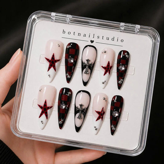 Red & Black Gothic Press-On Nails – Plaid Stiletto – Cross & Star Details