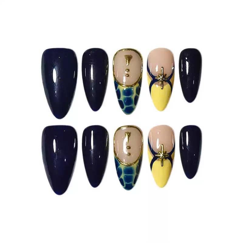 Navy Blue Press-On Nails – Gold Star – Almond