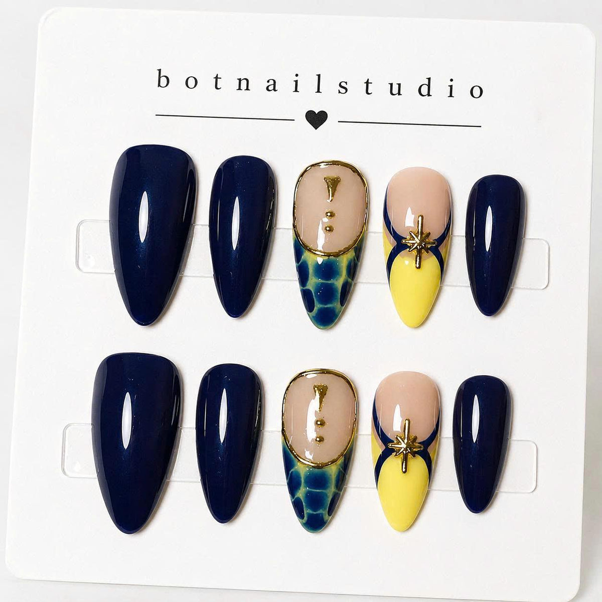 Navy Blue Press-On Nails – Gold Star – Almond