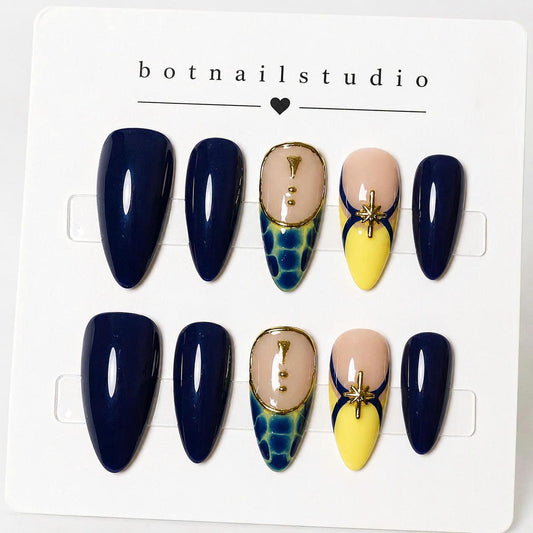 Navy Blue Press-On Nails – Gold Star – Almond