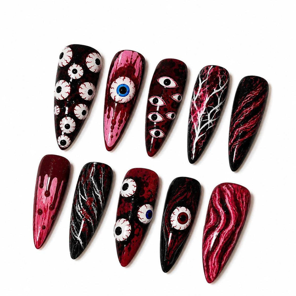 Halloween Eyeball Press-On Nails – Stiletto Details – Red & Black Gothic Stiletto