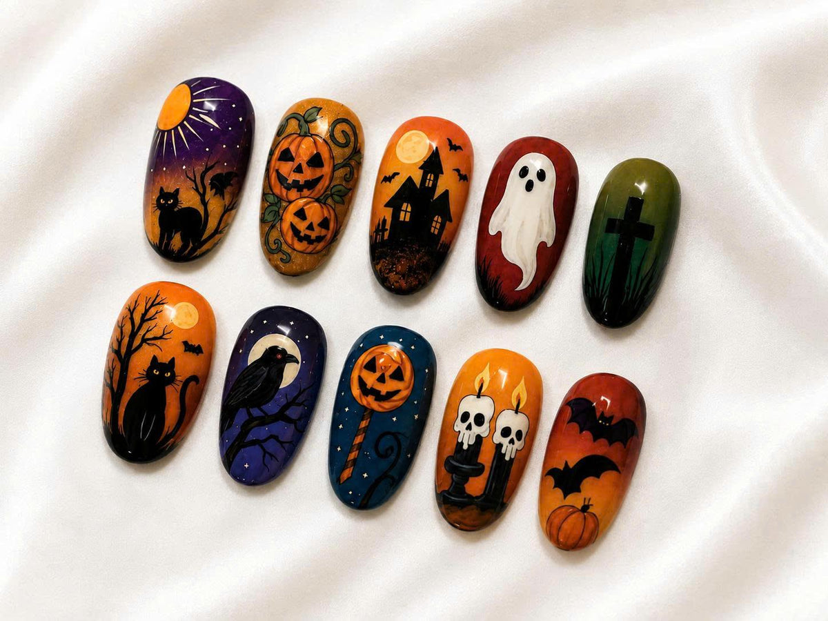 Halloween Press-On Nails – Ghost Pumpkin – Black Cat