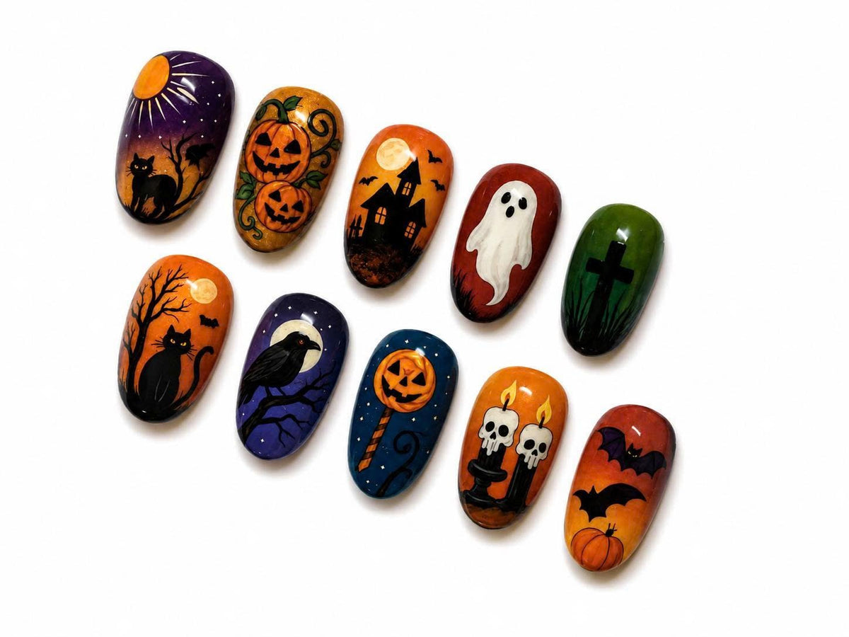 Halloween Press-On Nails – Ghost Pumpkin – Black Cat