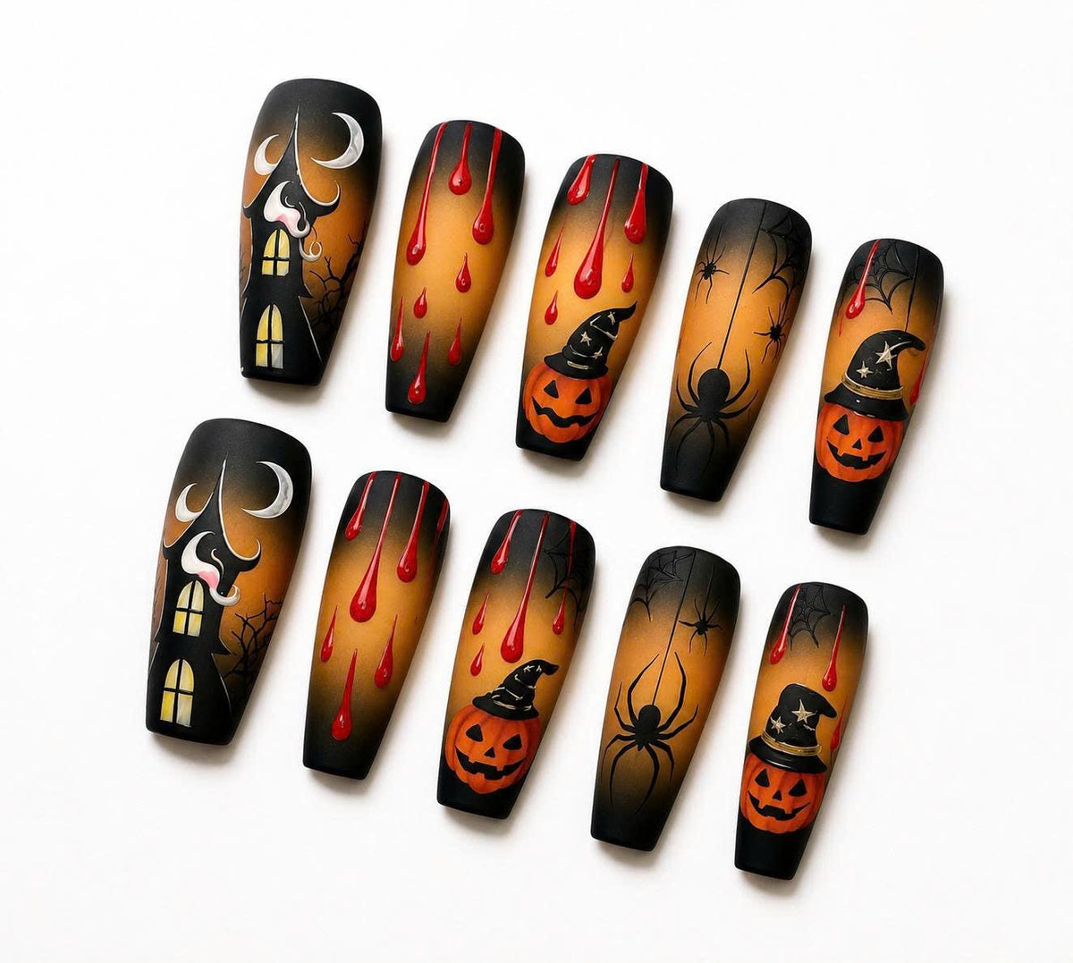 Halloween Press-On Nails – Pumpkin Spider Web – Long Coffin
