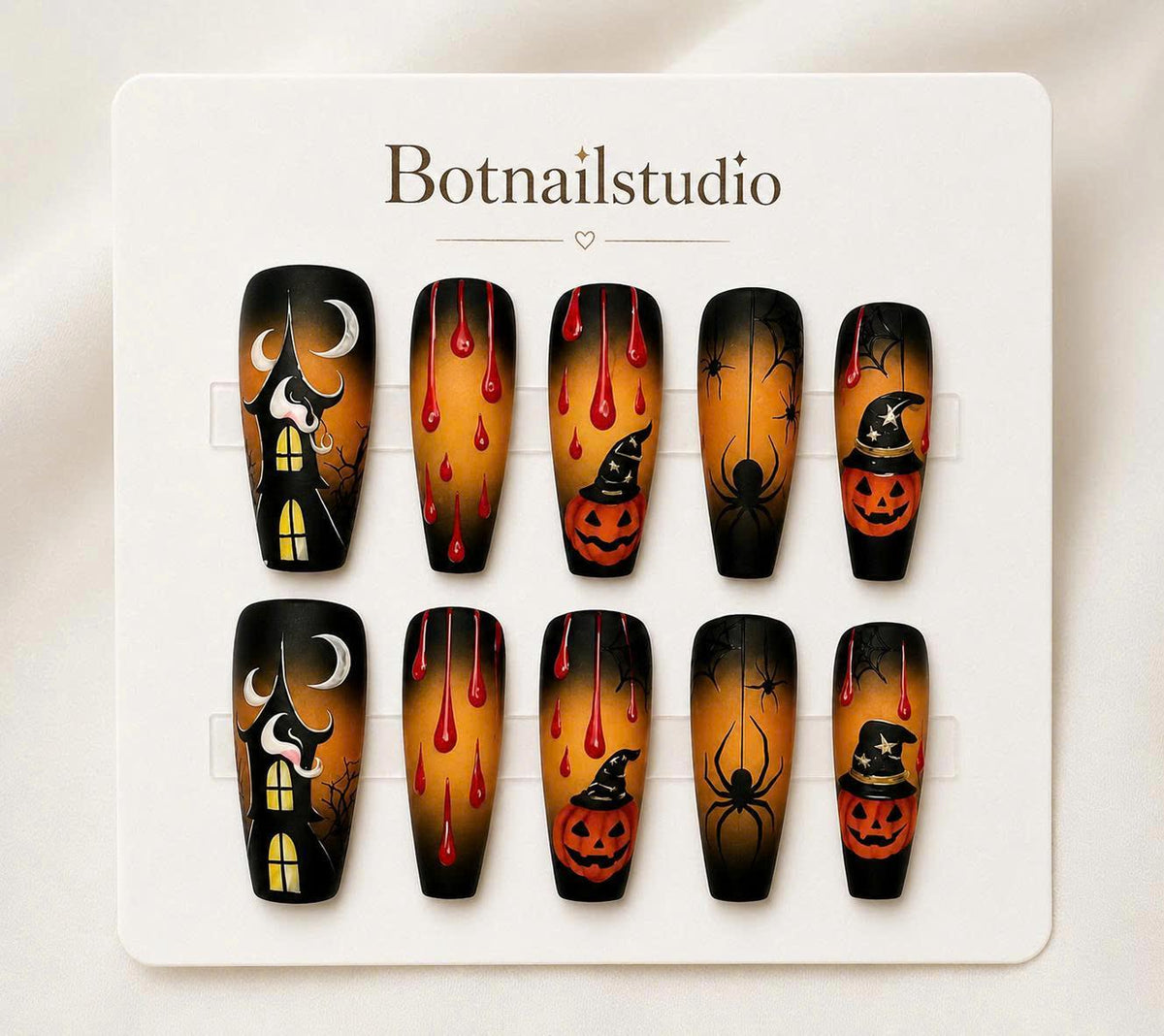 Halloween Press-On Nails – Pumpkin Spider Web – Long Coffin