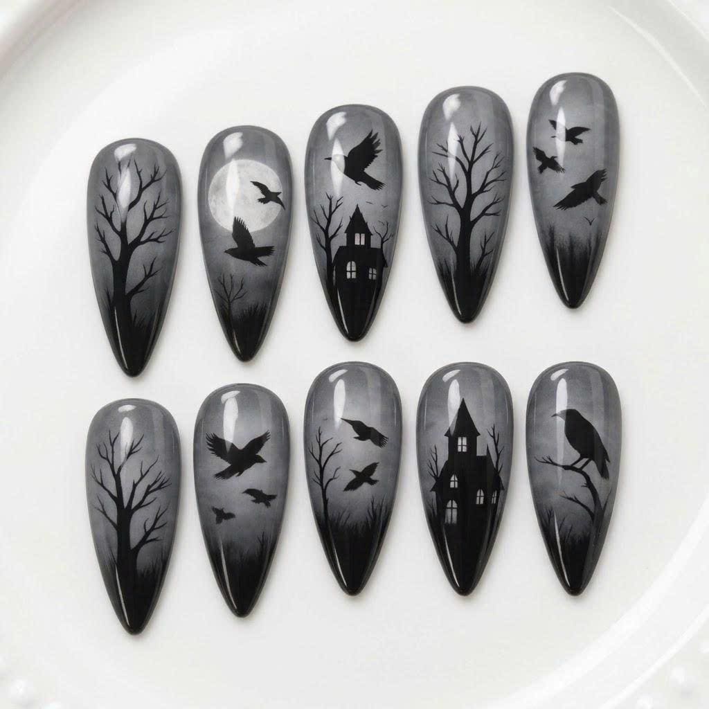 Gothic Raven Press-On Nails – Haunted House – Long Almond