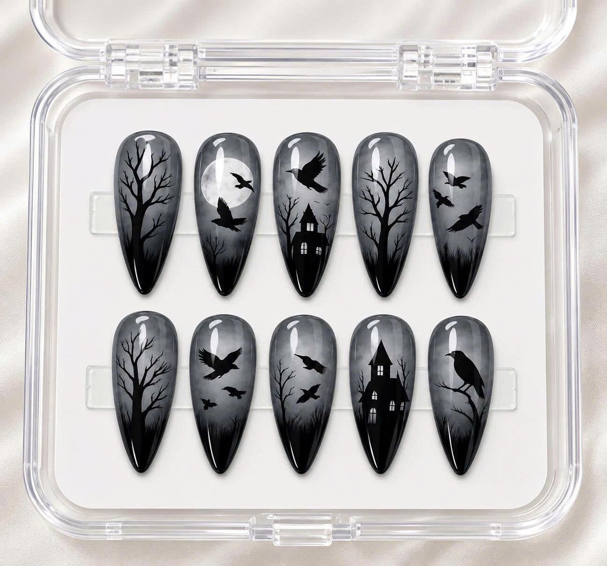Gothic Raven Press-On Nails – Haunted House – Long Almond