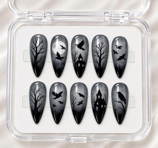 Gothic Raven Press-On Nails – Haunted House – Long Almond