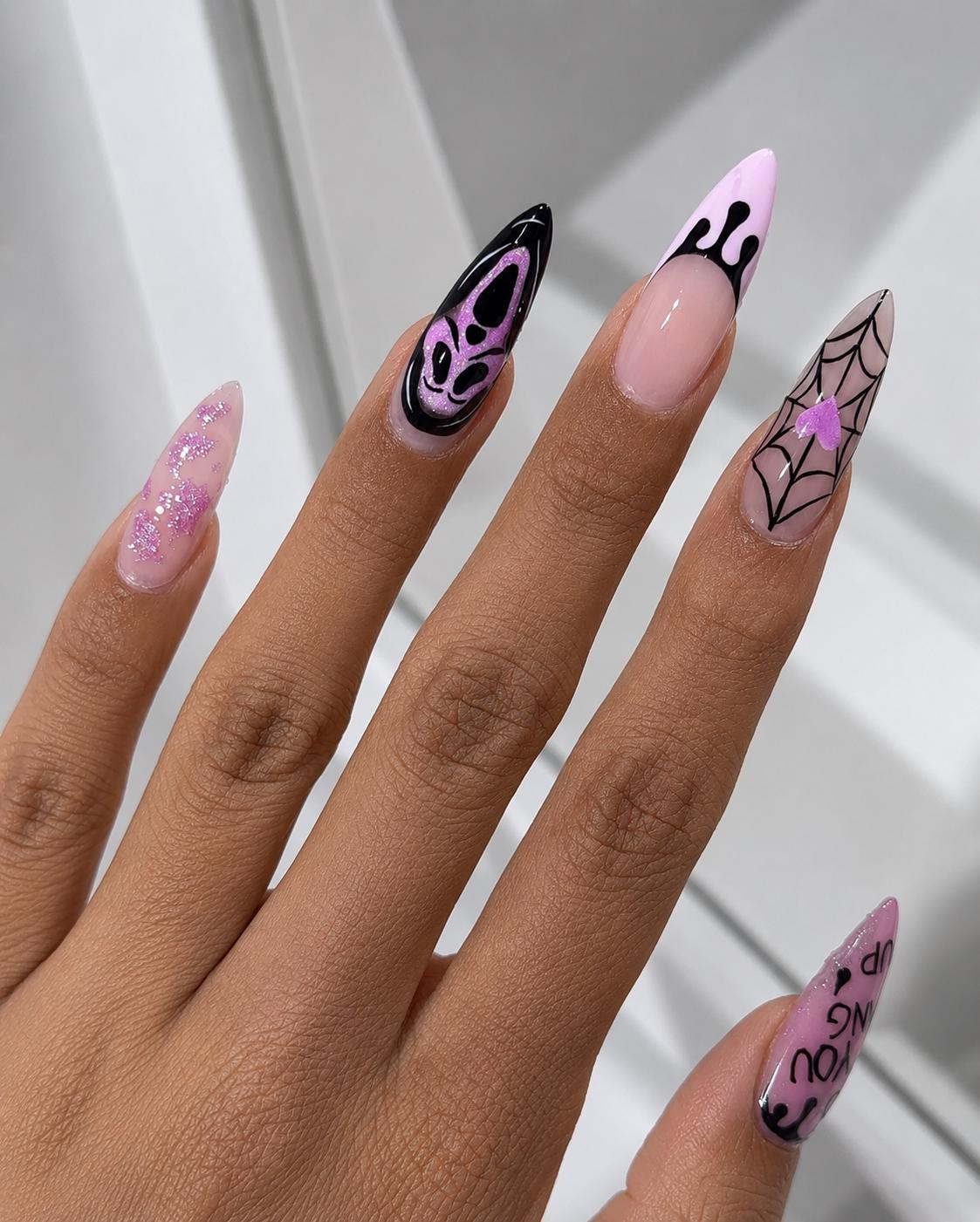 Pink Halloween Press-On Nails – Spooky Mask – Spider Web