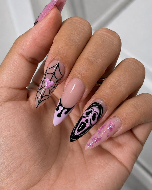 Pink Halloween Press-On Nails – Spooky Mask – Spider Web