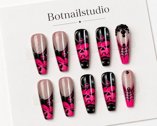 Pink Halloween Press-On Nails – Black Skull – Spider Web