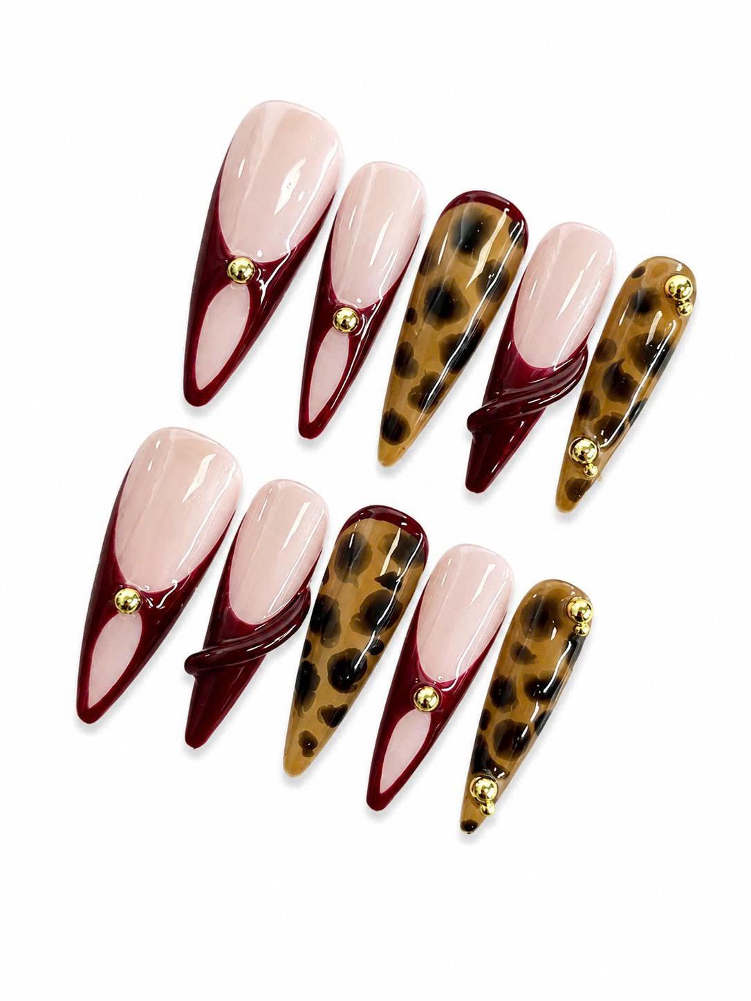 Burgundy Tortoise Shell Press-On Nails – Long Stiletto – French Tip
