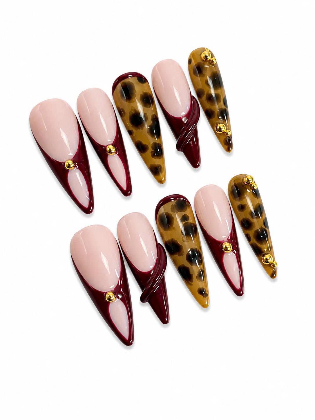 Burgundy Tortoise Shell Press-On Nails – Long Stiletto – French Tip