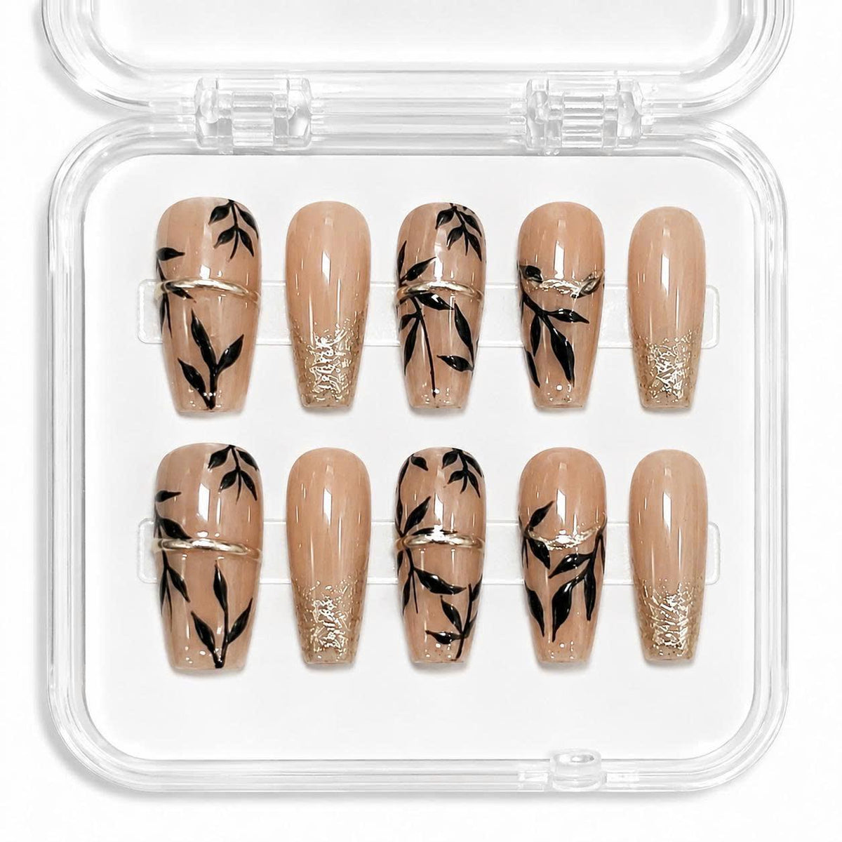 Nude Botanical Press-On Nails – Black Leaf – Long Square
