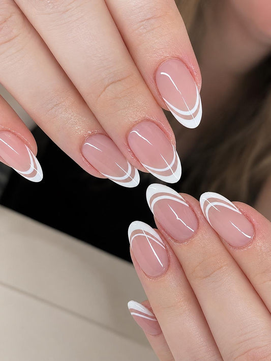 French Tip Press-On Nails – Nude Pink Almond – Double French Manicure