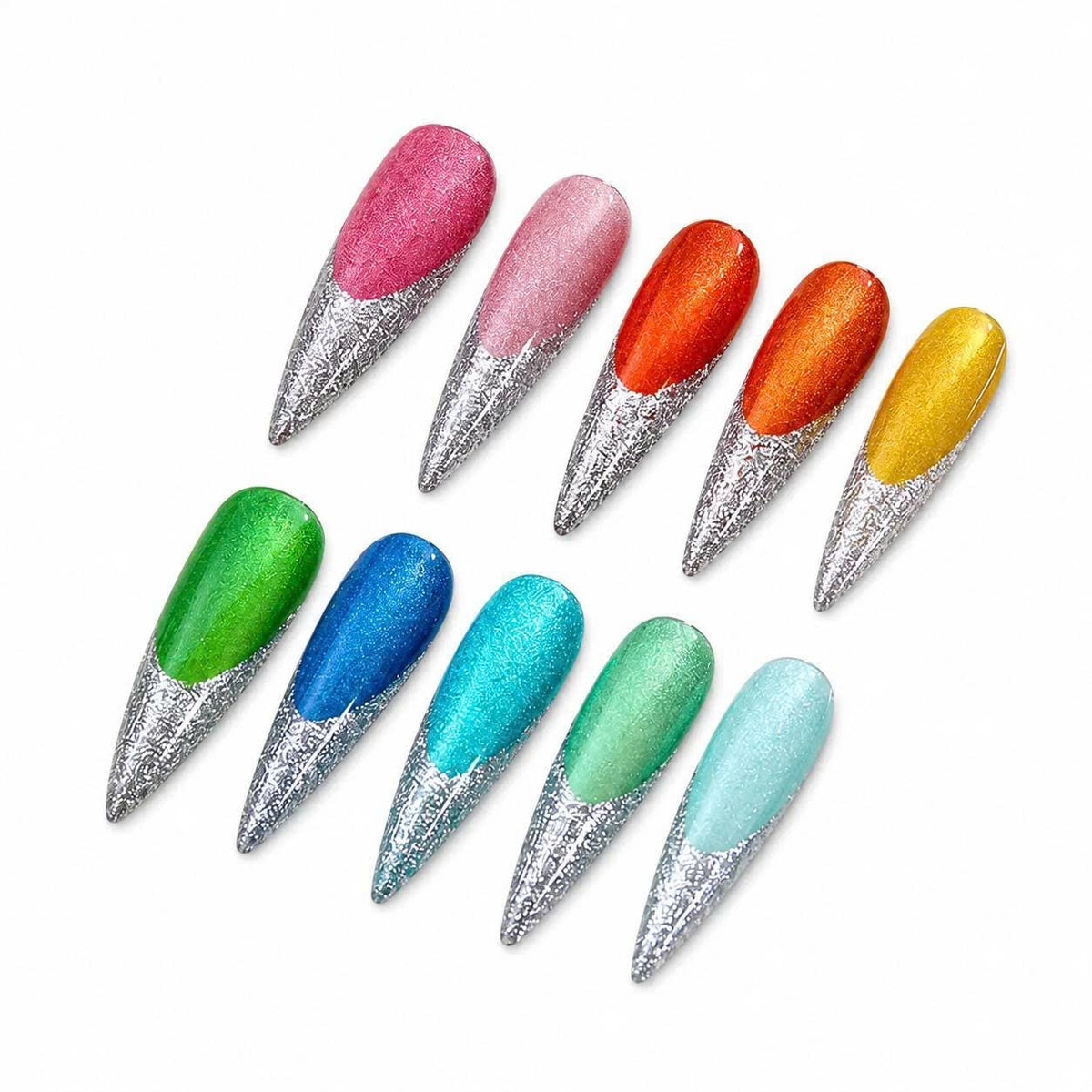Rainbow Glitter Press-On Nails – Silver French Tip – Stiletto