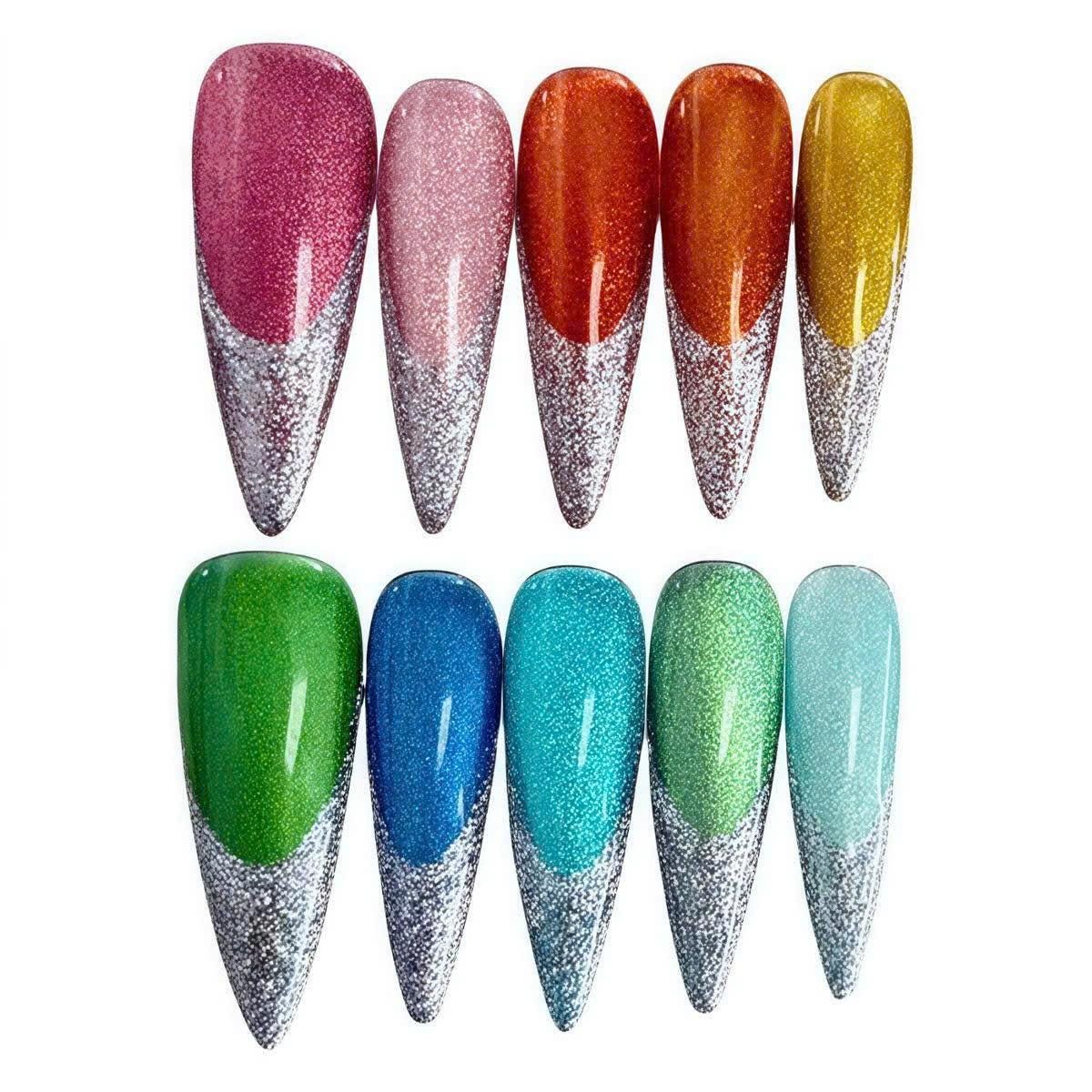 Rainbow Glitter Press-On Nails – Silver French Tip – Stiletto