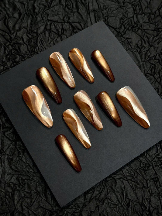 Brown Cat Eye Press-On Nails – Bronze Gold Swirl – Long Coffin
