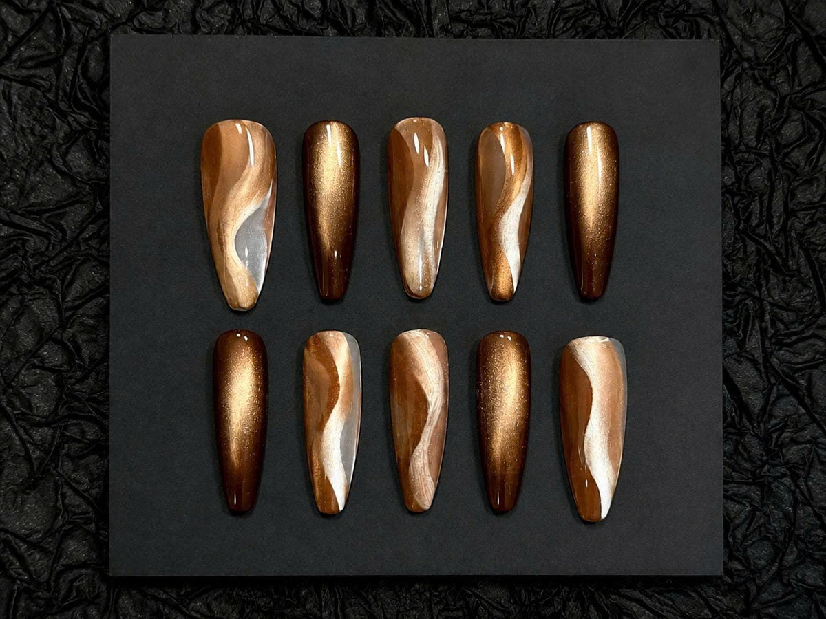 Brown Cat Eye Press-On Nails – Bronze Gold Swirl – Long Coffin
