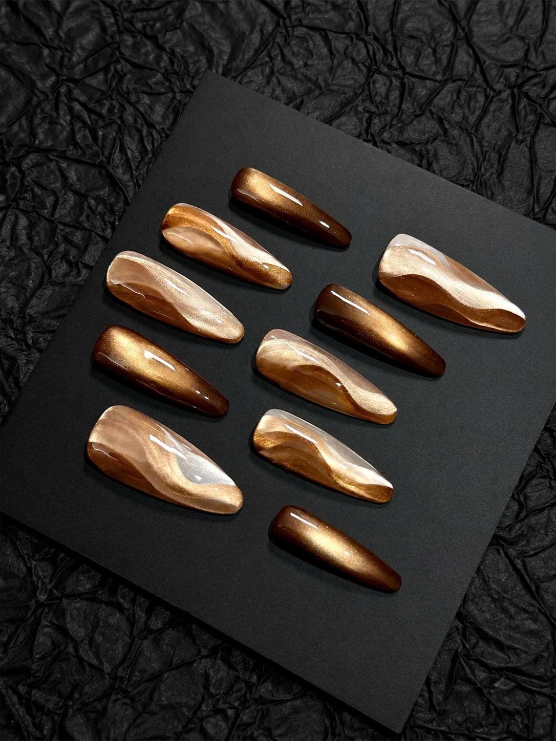 Brown Cat Eye Press-On Nails – Bronze Gold Swirl – Long Coffin