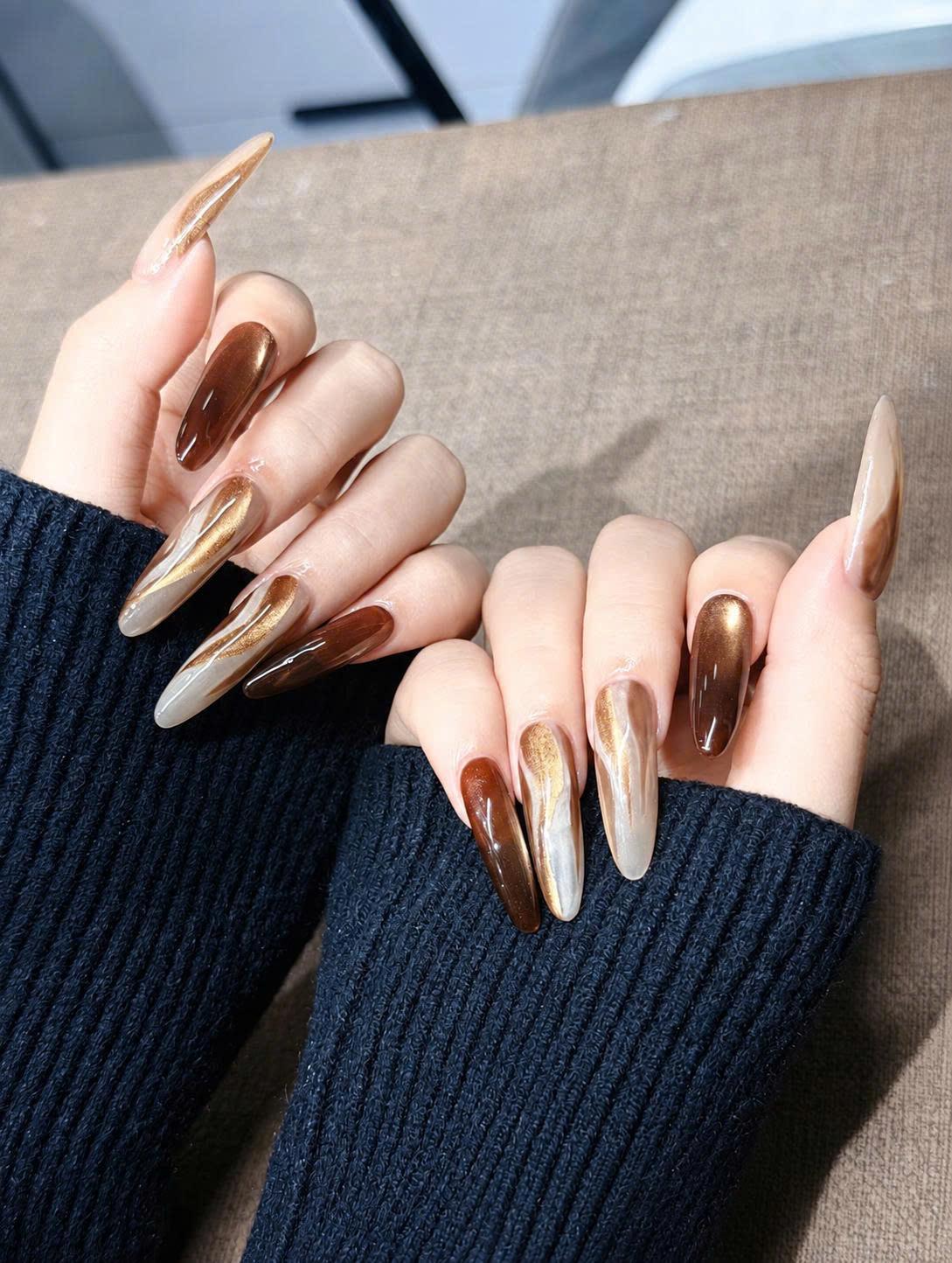 Brown Cat Eye Press-On Nails – Bronze Gold Swirl – Long Coffin