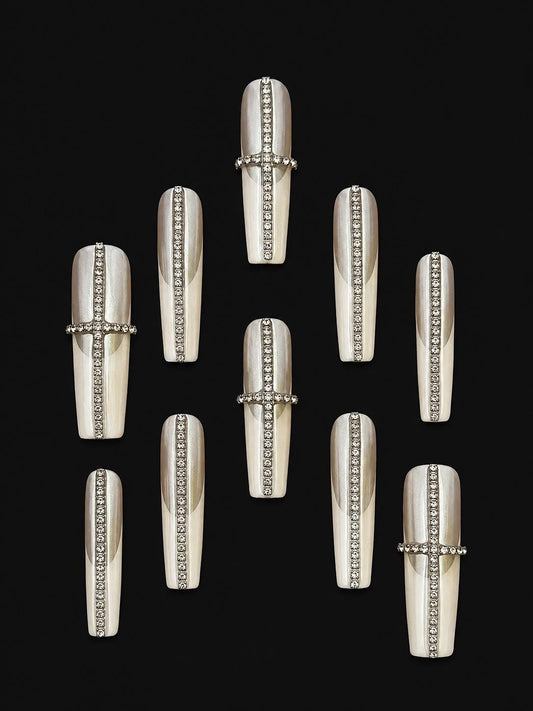 Silver Rhinestone Press-On Nails – White Chrome – Long Coffin