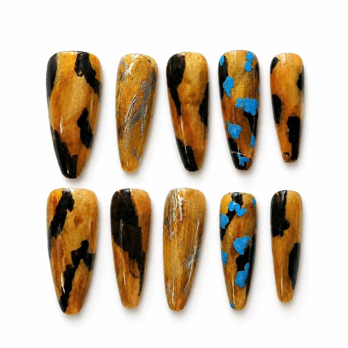 Amber Brown Press-On Nails – Black Gold – Abstract