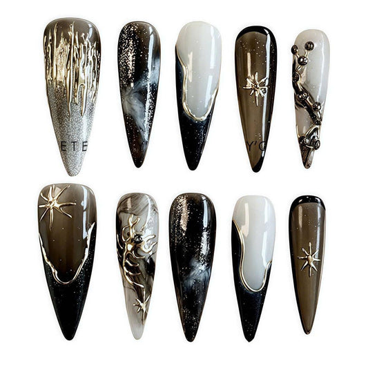 Y2K Black & Silver Press-On Nails – Chrome Star Details – Stiletto
