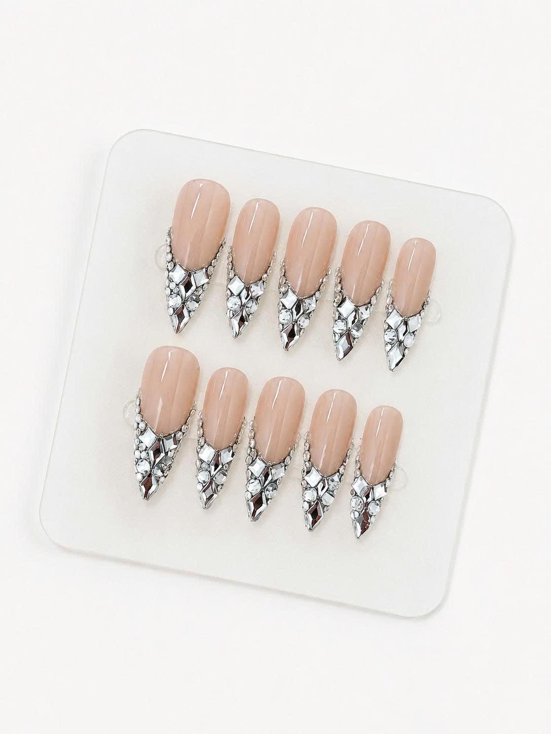 Nude Rhinestone Press-On Nails – Silver Crystal French Tip – Almond