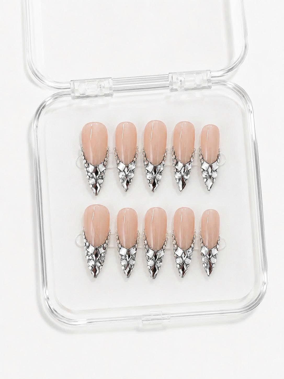 Nude Rhinestone Press-On Nails – Silver Crystal French Tip – Almond