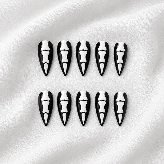 Skeleton Press-On Nails – Gothic Black and White – Halloween Stiletto