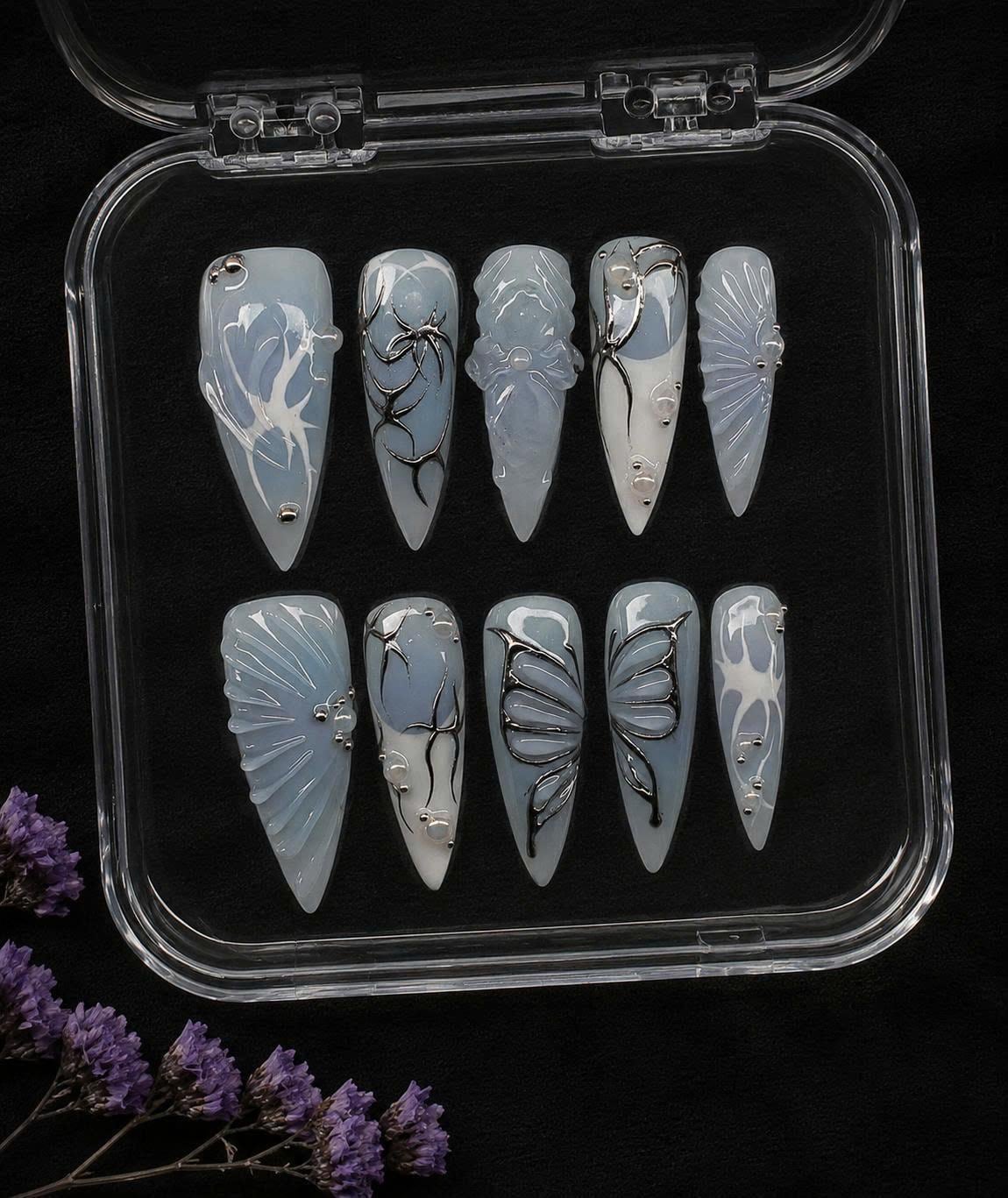 Y2K Cyber Sigilism Press-On Nails – Blue Chrome Butterfly – 3D Metallic Details